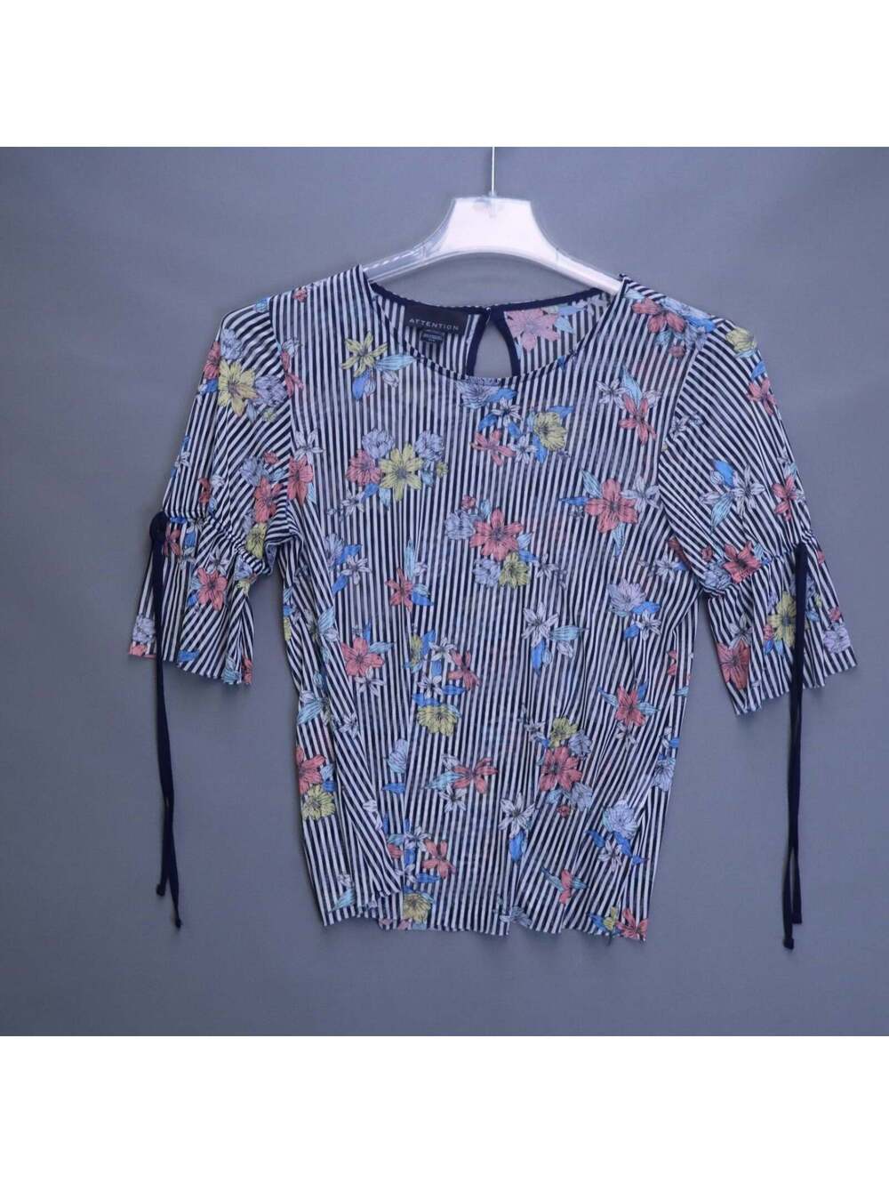 Attention Sheer Mesh Striped Floral Blouse Womens Small Tie Sleeve Keyhole Top S
